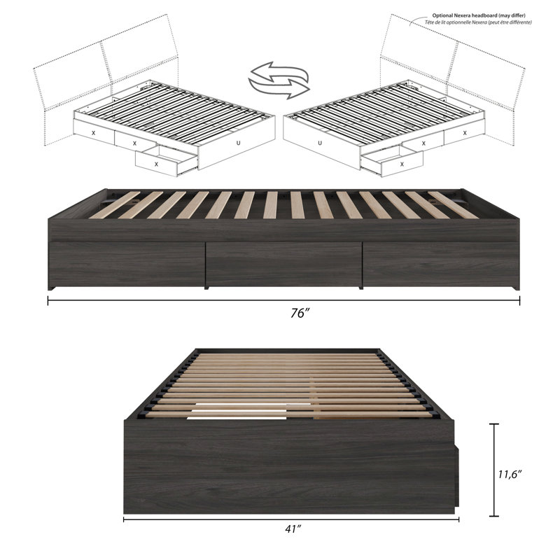 Lit plateforme avec rangement Ralston, Simple, Gris écorce