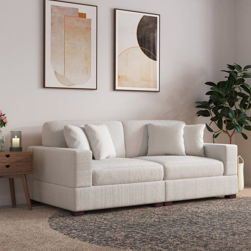 2 - Piece Upholstered Beige Corduroy Modular Sectional Sofa with Pillow Back and Solid Wood Legs, Beige