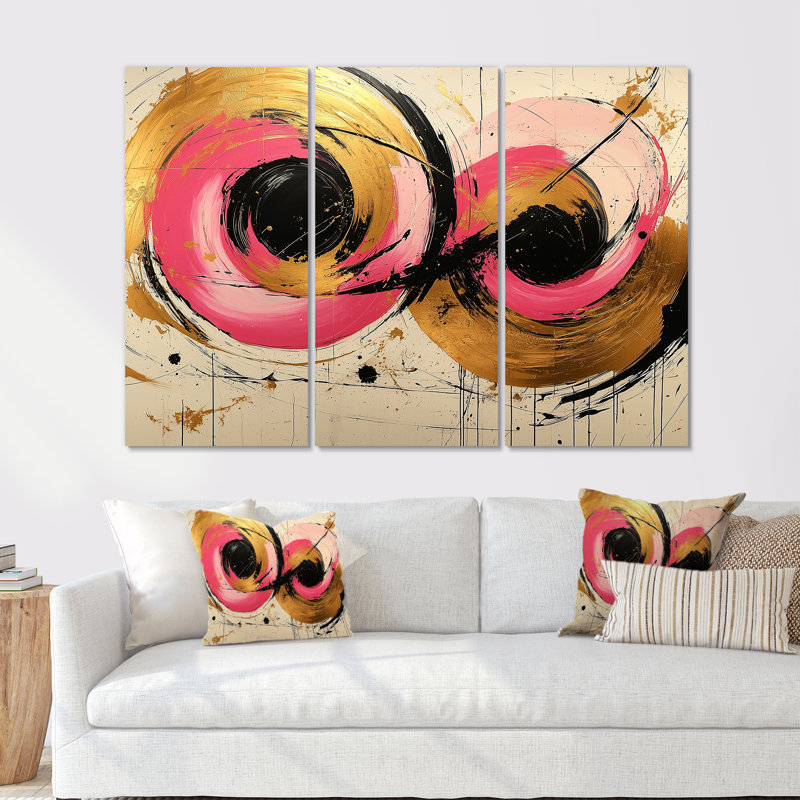 Cercles abstraits dans des tons de rose et d'or I - ensemble de décorations murales formes abstraites, Toile tendue