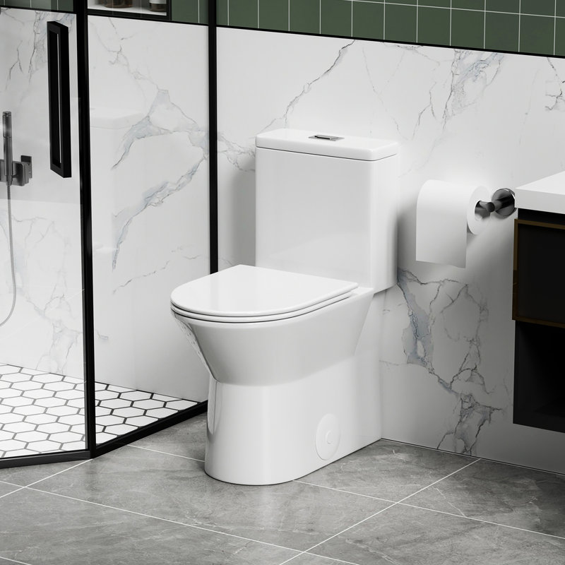 Toilette de salle de bain blanc brillant, hauteur 17 po, chasse double 1,1 / 1,6, cuve sans rebord, siège à fermeture en douceur, ouverture brute de 12 po, fermeture pratique conforme au design, réduction du bruit