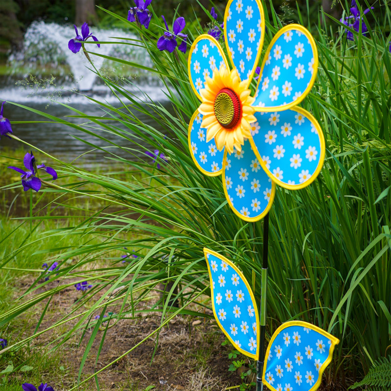 16-Inch Blue Daisy Sunflower Wind Spinner with Faux Leaves