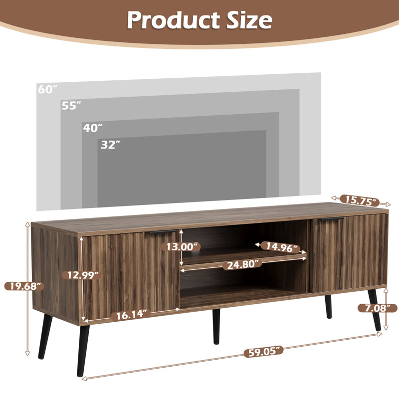  60 Inch Tv Stand For Tvs Up To 65", Mid-Century Modern Tv Stand With 2 Storage Cabinets And Open Shelf For Living Room