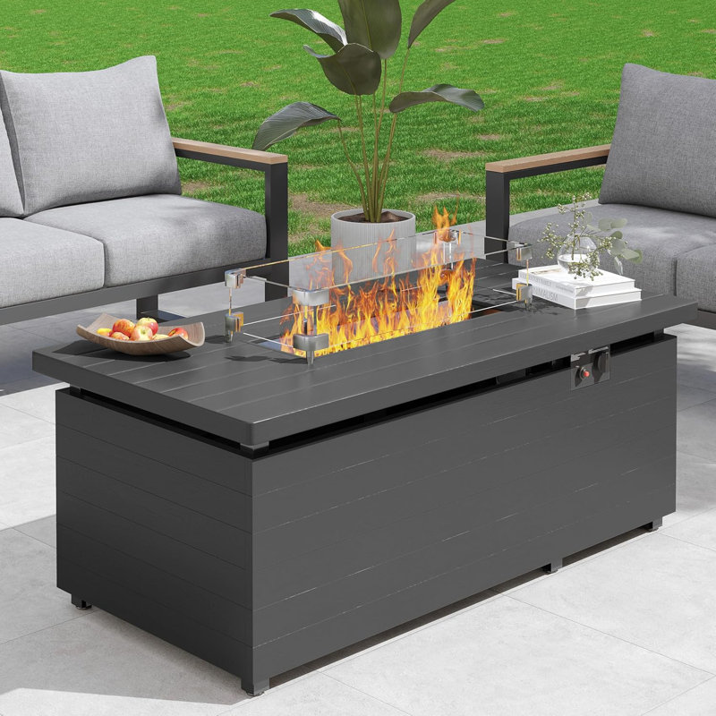 4-Person Aluminum Patio Furniture Set With 50000 Btu Fire Pit Table, Modern Patio Conversation Set With 6'' Olefin Cushions For Balcony, Porch, Backyard