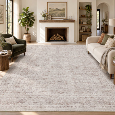 Tapis lavable floral beige doux avec envers antidérapant pour salon, chambre à coucher