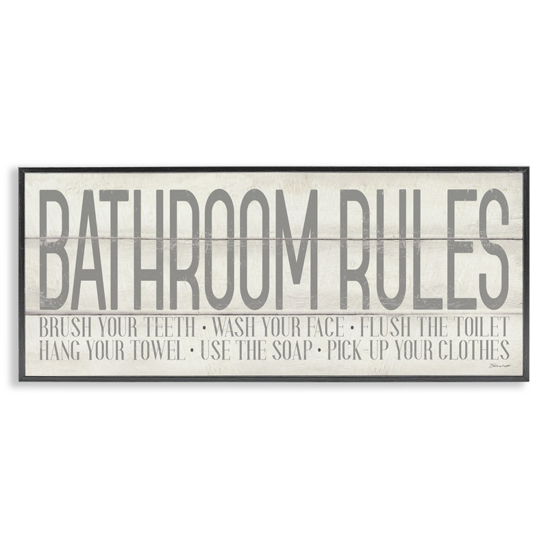 «Planked Style Bathroom Rules», estampe numérique par Stephanie Workman Marrott, Giclée encadrée noir minuit