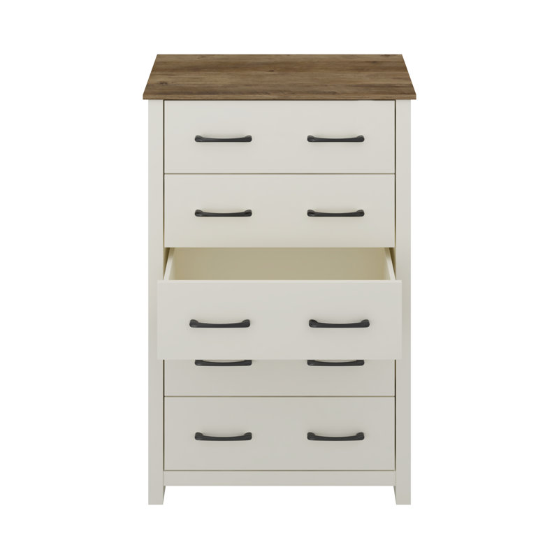 Commode 5 tiroirs H 46,7 po Walter, Ivoire / chêne noueux