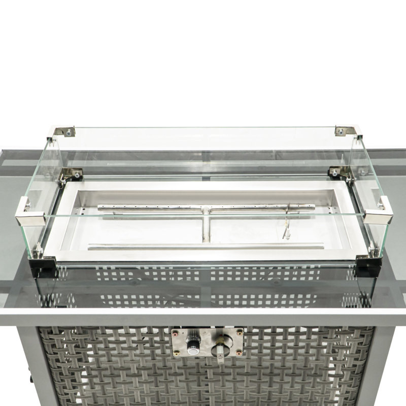 43" Propane Gas Fire Pit Table, 60000 BTU Rectangular Open Weave Wicker With Glass Wind Guard, Gray