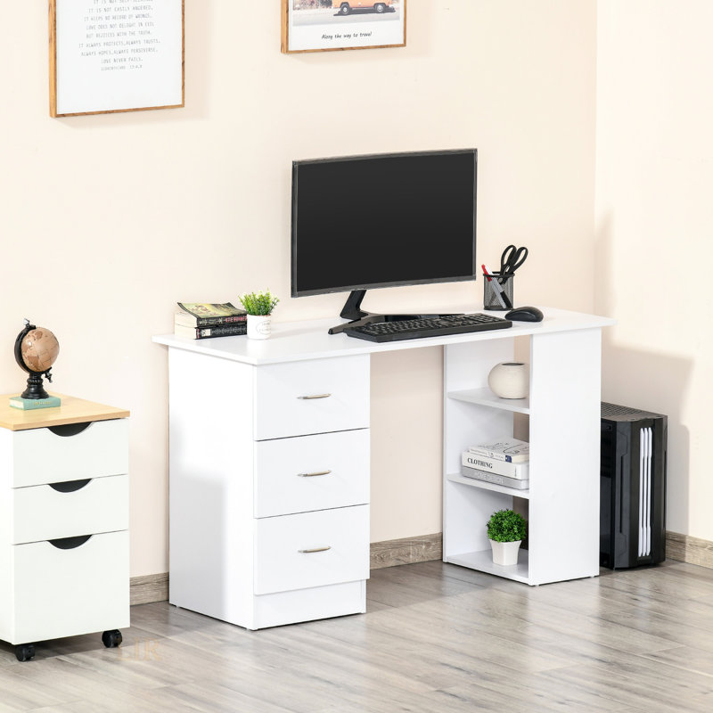 Bureau d'ordinateur moderne avec 3 tiroirs et une tablette de rangement, conception compacte pour un poste de travail efficace