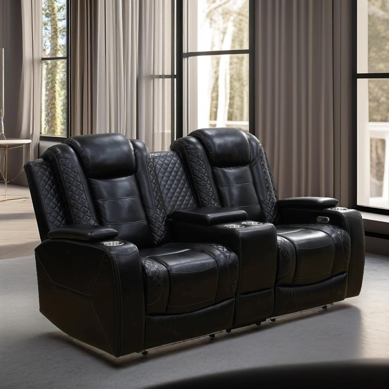 Opal Black Vegan Leather Power Reclining Loveseat With LED Lights,USB Charging, Storage Console And Cup Holders, Black
