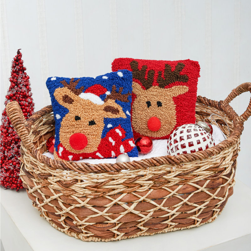 Petite Red Hooked Reindeer Christmas Accent Pillow