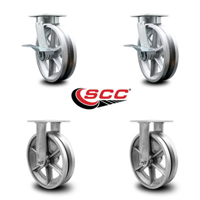 Kingpinless V Groove Semi Steel Wheel Caster Set 2 Brakes 2 Rigid SCC