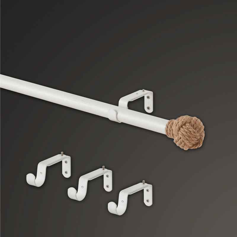 Ensemble de tringle à rideaux 1 1/8 po de diamètre Mode Coastal Collection avec faiteaux en jute côtière et support mural réglable en acier, blanc vieilli