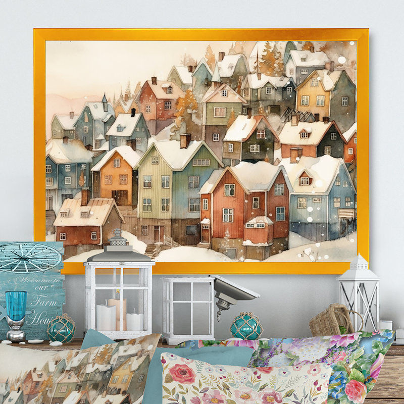 Winter Village III - reproduction sur toile, Encadrement doré, H 24 po x l 32 po x P 1 po