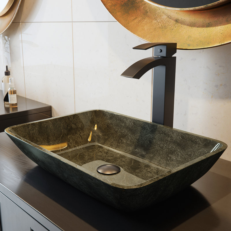 Lavabo de salle de bain rectangulaire en verre avec robinet H 12 po Donatello Sottile L 18 po x l 13 po x H 4 po, Gris onyx