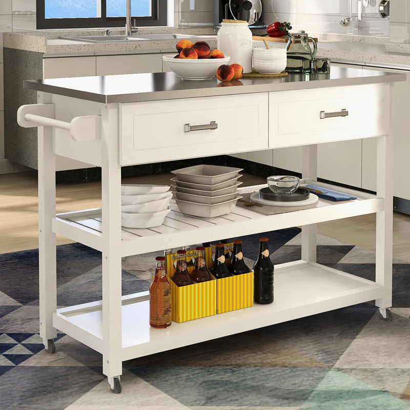 Chariot Kicthen blanc avec deux tiroirs et plateau en acier inoxydable