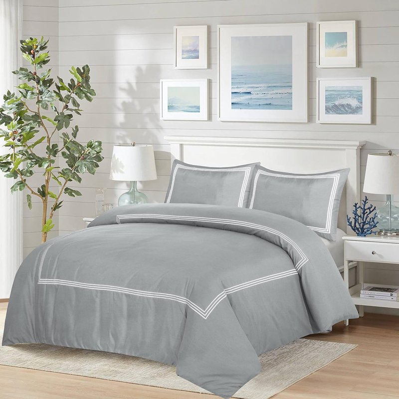 My Home Store Junco Duvet Cover Set Microfiber 3 Piece Luxury Bratta Stitch Duvet Cover Sets With Pillowcase, Grey/White