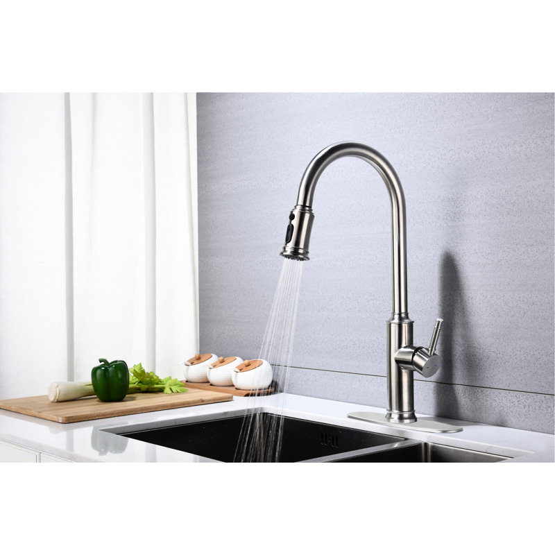 Pull Down For Kitchen Faucet - 360 High Arc Nozzle Rotation, Stream Spray Pause Modes, Single Lever Temp And Flow, Brushed Nickel Finish, Stainless Steel Material, Dirt Treatment, Smooth Non
