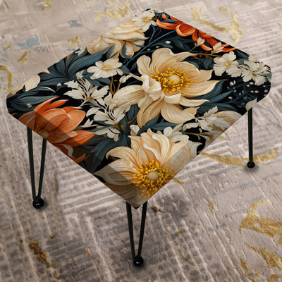 Grey Beige And Orange Farmhouse Floral Pattern - Floral Rectangle Ottoman