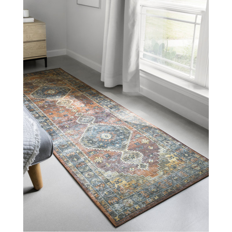 Tapis oriental rouille / bleu Gelo, Tapis de couloir 2 pi 6 po x 12 pi