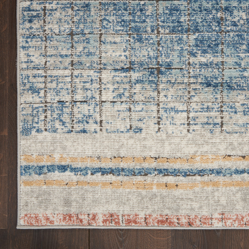 Tapis abstrait bleu / beige, Tapis de couloir 2 pi 2 po x 10 pi