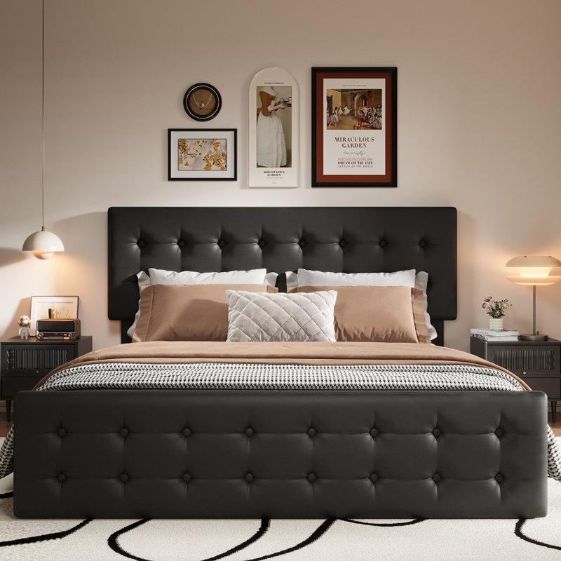 Bed Frame With Headboard And 4 Storage Drawers, Platform Bed Frame Square Stitched Button Tufted, Black, King
