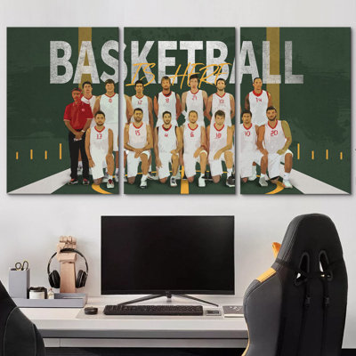 College Athletic Basketball Team Group Shot Sports & Fitness, Athletes Art Pop Modern Boy's Bedroom Portrait Pictures, Giclee Canvas Digital Print Framed Wall Art