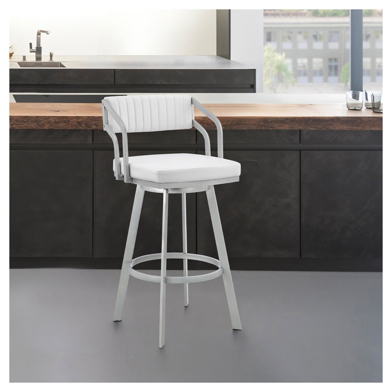 Tabouret de bar rotatif 26 po avec repose-pieds Orlen, similicuir blanc et base en métal argenté Orlen