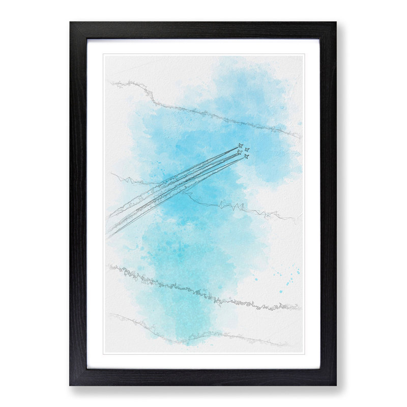 Plane Trails In The Sky Sketch - Picture Frame Painting Print, 87cm H x 62cm W x 2cm D, Black Framed