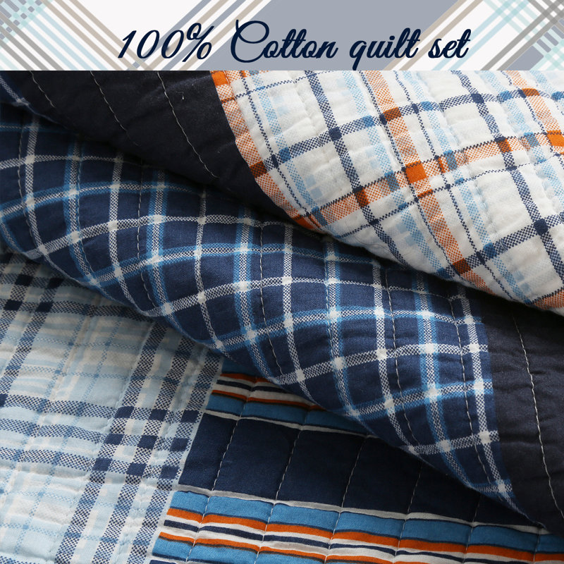 Blue and Orange Plaid Cotton Twin Reversible Quilt Set