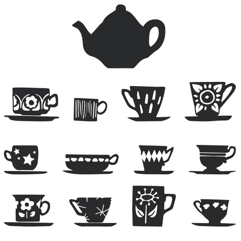 Décalcomanie murale tasses de thé, H 23 po x l 24 po x P 0,01 po, Noir