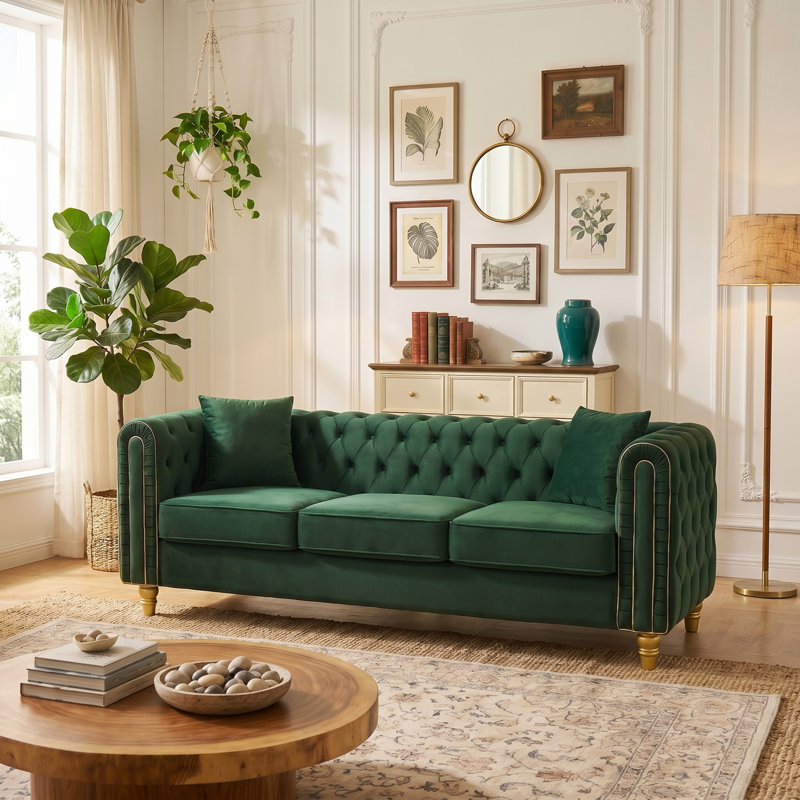 3-Seater Velvet Sofa, Chesterfield Upholstered Couch With Rolled Arms, Gold Trim & Solid Wood Legs, Removable Cushions For Living Room