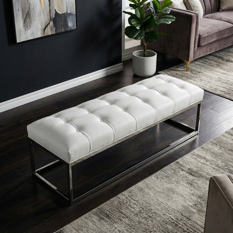 Cheab Stainless Steel Contemporary Oversize Tufted Bench, Snow White Faux Leather