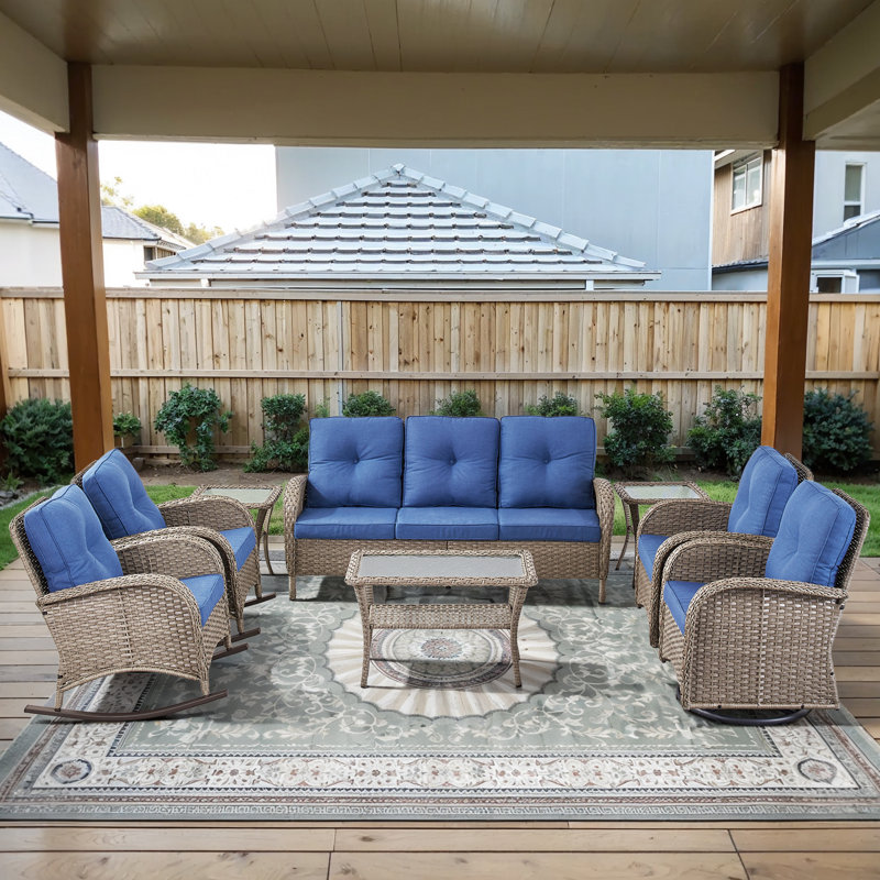 8- Pieces Outdoor Wicker Family Conversation Set With Rocking Chairs And Swivel Chairs, Gray, Blue
