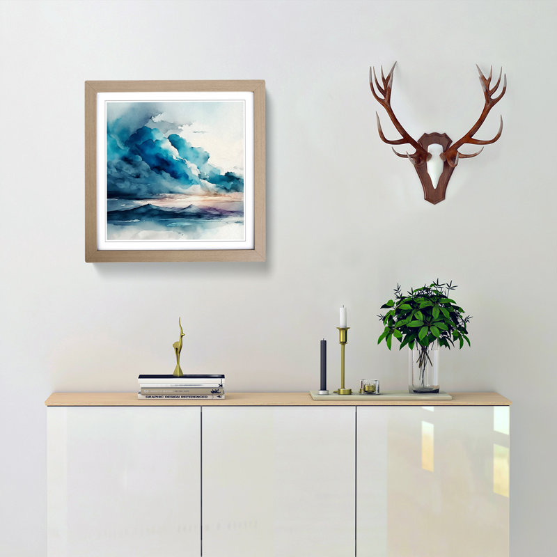 Cloudy Sky Watercolour No.2 - Single Picture Frame Print on Wood, Oak