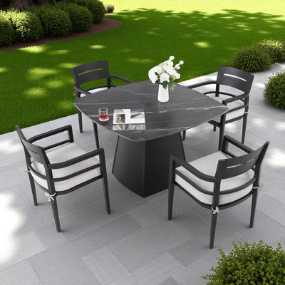 5-Piece High-End Luxury Outdoor Patio Dining Set Including 4 Aluminum Dining Chairs With Sunbrella Seat Cushion And 44" Dining Table With Umbrella Hole