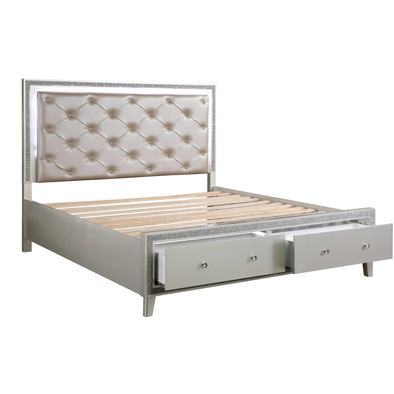 Splendide lit Ck avec DEL et rangements - couleur champagne, matelas en cuir synthétique ravissant, chambre à coucher moderne