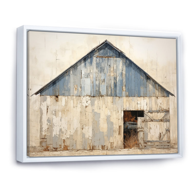 Beige et bleu grange - art mural de grange, H 24 po x l 32 po x P 1 po, Cadre flottant blanc