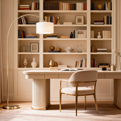 Modern minimalist floor lamp, fabric lampshade & silver metal base.