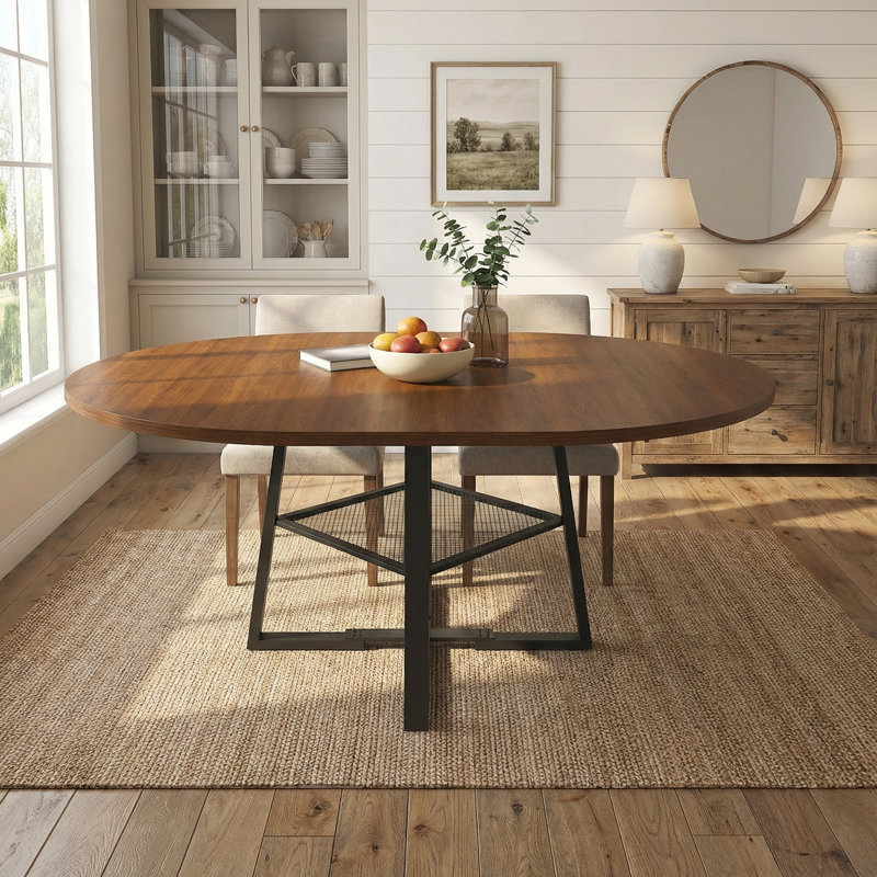 47" Round Extendable Dining Table with Storage, Walnut Finish, Metal Frame, Seats 4-8