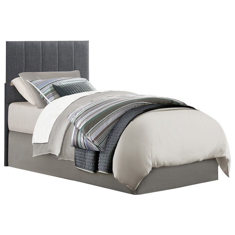Bedroom Twin Headboard In Gray Fabric, Featuring Padded Vertical Channel Ornament And Engineered Wood Headboard, Fabric Covered With Design
