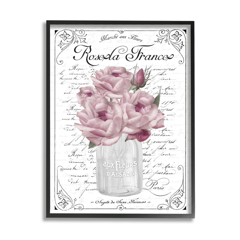Bouquet de roses roses français, Giclée encadrée noir minuit, H 14 po x l 11 po x P 1,5 po