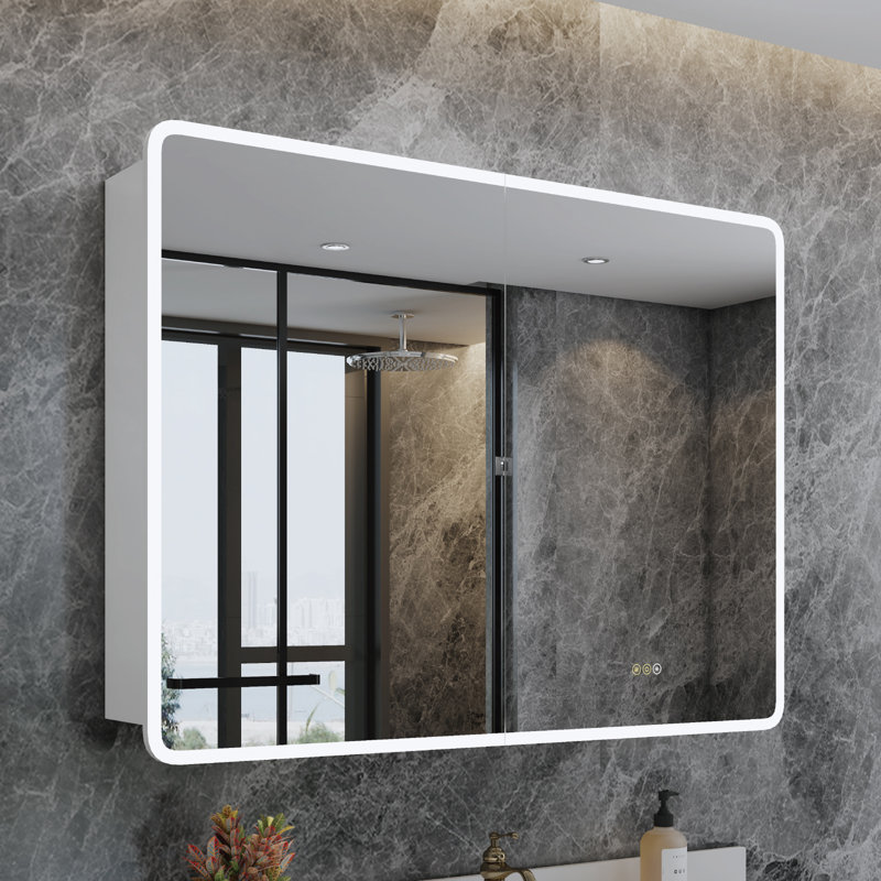 Daleah 48'' W x 32'' H LED Medicine Cabinet with Mirror, Extra-Large Storage Space, Dimmable Lighting, Defogger, Adjustable Shelves, Rounded Edge, Recessed or Surface Mount, Frameless Design