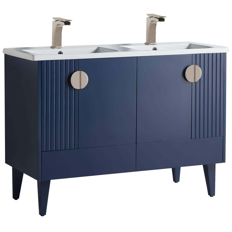 Ensemble de meuble-lavabo double 47 po Saimah, Bleu marine, Nickel satiné