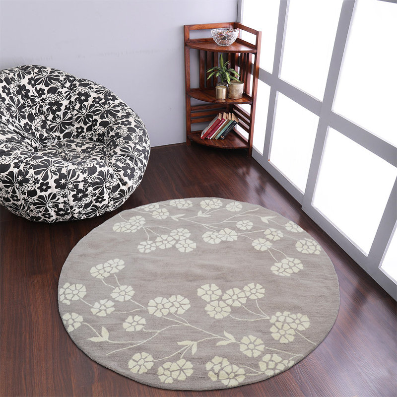 Tapis écologiques en laine touffetée à la main Kori - Rond, couleur blanc beige, design floral moderne, tapis antidérapants faits à la main épais pour le salon, la chambre à coucher