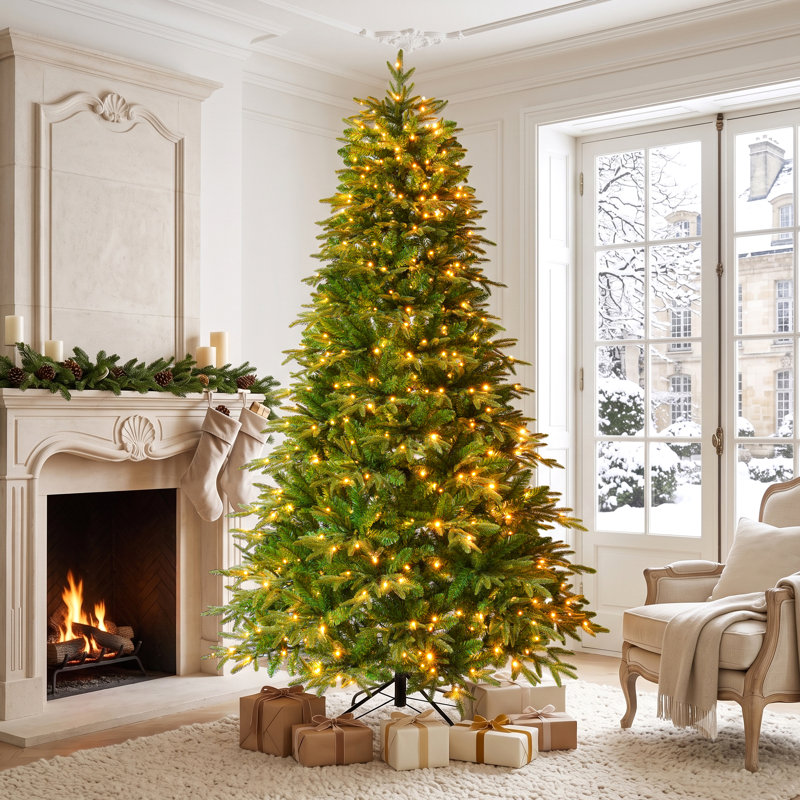 Arbre de Noël 7,5 pi avec flocage en métal robuste de qualité supérieure, extrémités résistantes au feu, blanc chaud et modes de lumière DEL colorés pour un décor des Fêtes