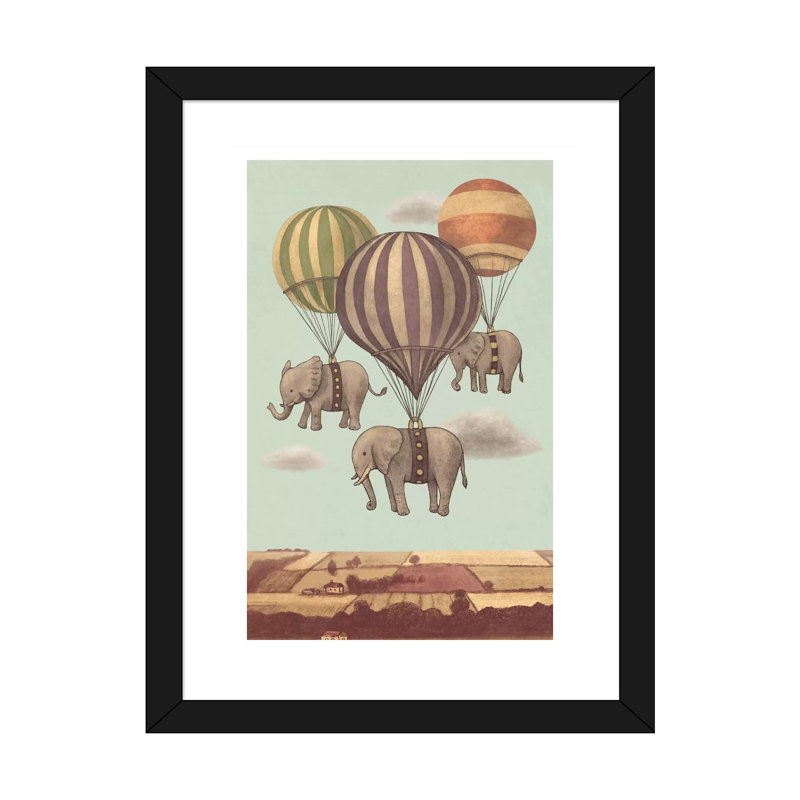 «Flight of the Elephants Mint» par Terry Fan - impression, H 24 po x l 16 po x P 1 po, Papier encadré noir, Blanc