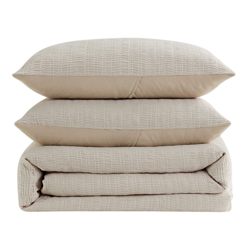 Kenneth Cole Stitched Gauze Solid Beige Duvet Cover Set, King Duvet Cover
