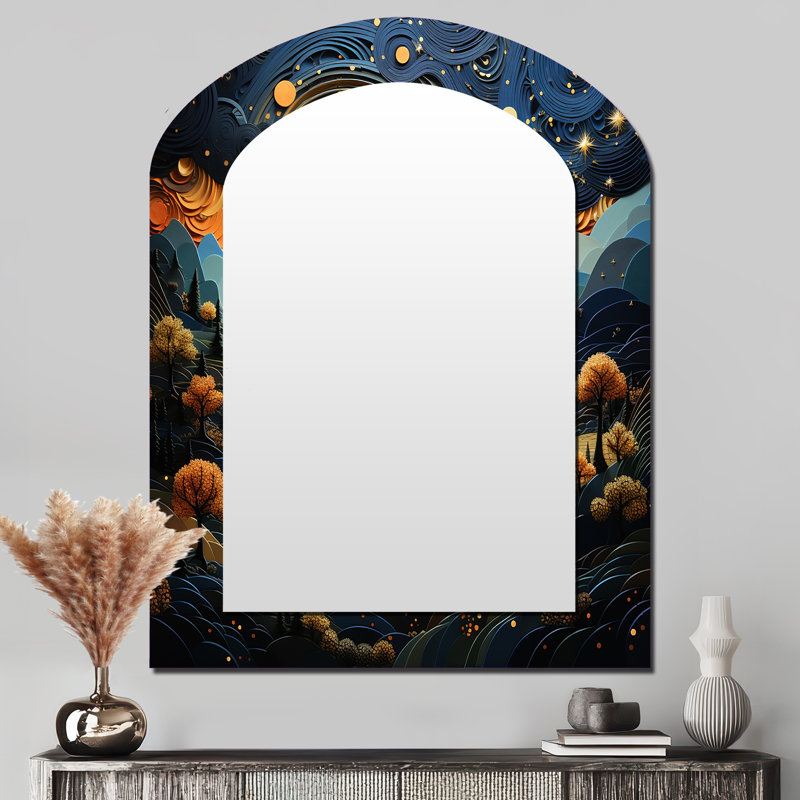 Surréalisme Dreamscapes River II - Miroir mural moderne en arche jaune, 43 po x 33 po