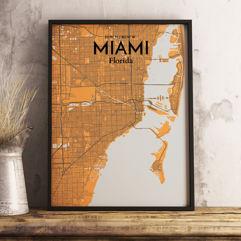 « miami city map », reproduction d’impression sur affiche orange, H 24 po x l 18 po x P 0,05 po