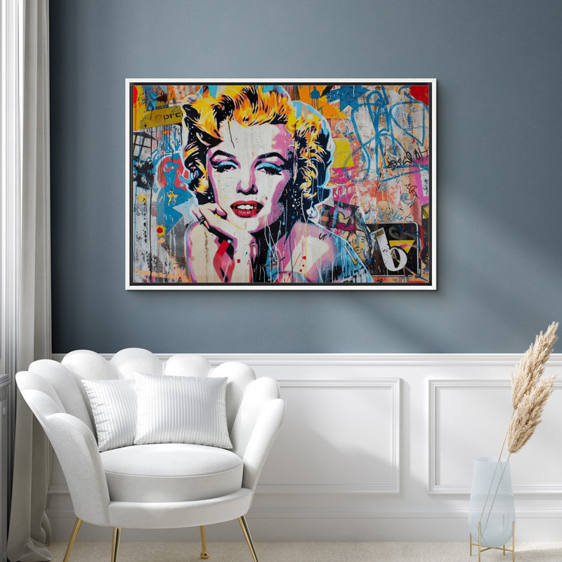 Marilyn Monroe Street Graffiti Portrait, chambre à coucher colorée, impression sur toile encadrée, Cadre blanc